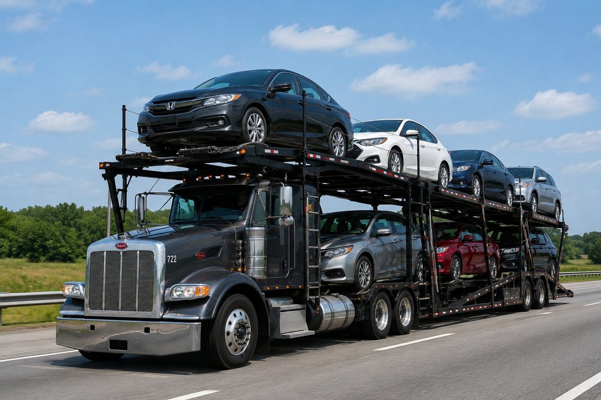 Open carrier auto transport loaded with cars