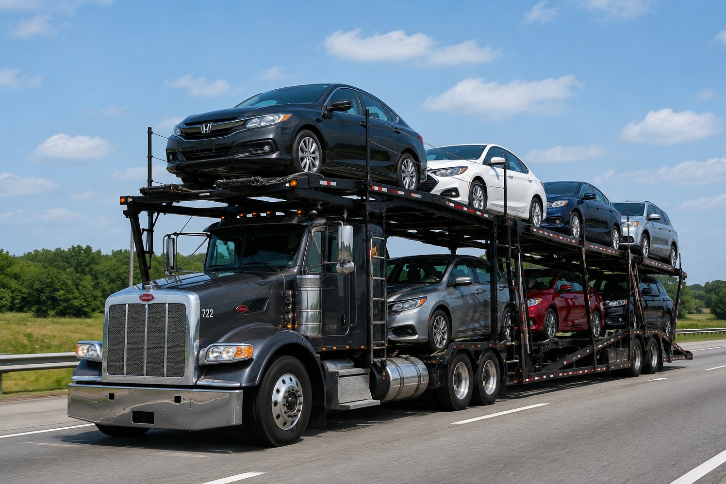 Open carrier auto transport truck on highway