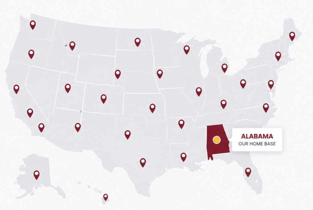 Map showing Heartland Auto Transport routes from Alabama to all 50 states